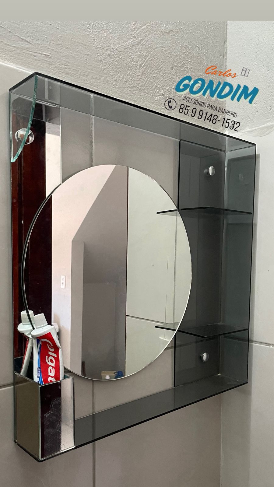 Penteadeira Trabalhada 80x56 cm Fume com espelho redondo